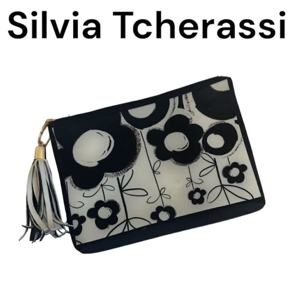 Silvia Tcherassi Black & White Flowers Floral Tassel Top Zip Scuba Clutch Bag